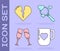 Set Coffee cup and heart, Broken heart or divorce, Glass of champagne and Search heart and love icon. Vector