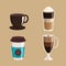 Set of coffee cups elements aroma fresh drink