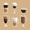 Set of coffee cups elements aroma fresh drink