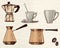 Set coffee dishes: coffee pot, traditional coffee pot, cups and coffee beans.