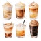 set with coffee drinks in glasses. sweet cold coffee drinks with milk and whipped cream.