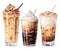 set with coffee drinks in glasses. sweet cold coffee drinks with milk and whipped cream.