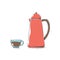 Set of coffee elements and coffee accessories. Kettle and glass cup of coffee