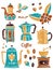 Set of coffee pots in naive lino style