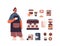 set coffee shop tools and accessories with male barista in uniform sweets and coffee collection