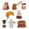 Set Of Coffee Themed Icons. Beans Package and Open Sack, Cezve Coffee Pot And Croissant, Carton Disposable Cup