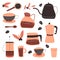 A set of coffee-themed items. Cups, teapots for making coffee, coffee beans, French press, glass, goosneck teapot. Vector