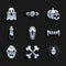 Set Coffin with christian cross, Crossed bones, Spider, Vampire teeth, Bottle potion, Pumpkin and skull and Ghost icon