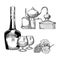 Set of cognac in hand drawn style on white background. Bottle of cognac, snifter, bunch of grapes, alembic