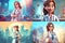 set or collage of 4 cartoon illustration of friendly woman doctor ai generative, medical and health concept