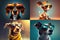 set or collage of four different funny stylish dog in sunglasses, cartoon dog portrait, ai generation