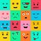 Set collection of 16 funny emotion emoji faces. Various faces on colorful background