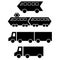 Set collection of black silhouettes of city traffic tram metro electric train truck trailer. Vector icon flat simple