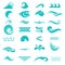 Set, collection of blue water, aqua, ocean, wave icons, signs, logos. Water liquid curve designs elements. Vector illustration.