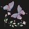 Set collection of butterflies and flowers isolated on dark background. Vector illustration. . Embroidery elements for patches, bad