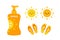 Set, collection of colorful cartoon icon for summer design. Cute smiling sun character, bottle of sunscreen and flip flops.