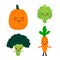 Set, collection of cute cartoon style vegetables, veggies. Funny and smiling broccoli, pumpkin, artichoke, carrot characters