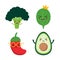 Set, collection of cute cartoon style vegetables, veggies. Funny and smiling broccoli, spinach, chili pepper, avocado characters