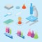 Set collection of laboratory science tools with isometric or isometry 3d style image modern flat style blue background color -