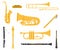 Set collection of musical instruments with different types, include: clarinet, oboe, saxophone, flute, trumpet, trombone,