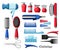 Set collection of professional hairdresser and barber equipment tools hairdressing tools scissors hairdryer comb bottle and tube h