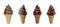 Set of collection soft serve ice cream of chocolate ice cream on a crispy cone for summer isolated on white background.3d