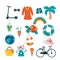 Set Collection. summer icons: scooter, clothing, palm tree, turtle, bicycle, rainbow, life buoy, jumpsuit, cocktail