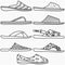 Set, collection transparent outline icons male and female slippers, sandals and flip-flops with straps and soles for men and women