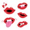 Set, collection of vector red lips, female mouth icons. Open mouths with different emotions