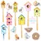 Set, collection of watercolor colorful birdhouses, cute birds and nests illustrations