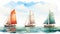 Set a collection of watercolor drawing of a boat. Generative AI.