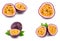 Set or collection whole passion fruits and a half with leaves isolated on white background. Isolated maracuya