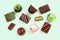 Set of coloful luxury handmade bonbons on pastel green background