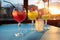 set of color alcohol stylish cocktails in bar or restaurant, green, red, yellow