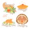 Set of color drawings to Thanksgiving Day. Autumn harvest, Traditional holiday meal, turkey, pumpkin pie, cornucopia