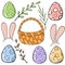 Set of color Easter decor elements, eggs, pillow branch, basket, rabbit ears hand drawn for holiday card design