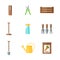 Set of color flat icons of garden tools. Watering can, thermometer, package with seeds, prunen, shovel, rakes.