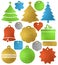 Set of color golden glittering christmas labels, box, tree, bell