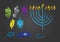 Set of color Hanukkah Jewish holiday Hand drawn symbols