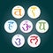 Set of color icons with names of chakras in Sanskrit (Root Chakra, Sacral Chakra, Solar Plexus Chakra, Heart Chak