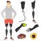 Set of color icons of prostheses and artificial parts of the body. Guy with leg prostheses illustration