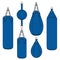 Set of color illustrations with a blue punching bag, boxing pears. Isolated vector objects.