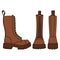 Set of color illustrations with brown boots, high boots with laces. Isolated vector objects.