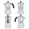 Set of color illustrations of geyser coffee makers. Isolated vector objects.