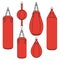 Set of color illustrations with a red punching bag, boxing pears. Isolated vector objects.