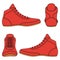 Set of color illustrations with red wrestling shoes, sports shoes. Isolated vector objects.