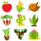 Set of color illustrations on the theme of farming. Apple, corn, carrots, cacti, tobacco, acorns. Vegetables, fruits, plants