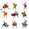 Set of color knights in different poses hand axes, foils, swofds on white background