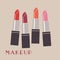 Set of color lipsticks. Makeup. Vector illustration.