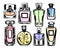 Set of color perfume bottles. Sketch style. Vector illustration.